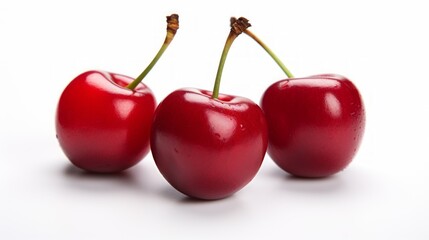 Poster - Close-up realistic photo showcasing three sweet, ripe red cherries on a white background Generative AI
