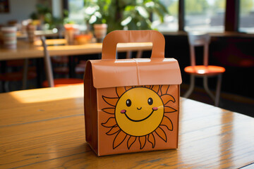 Canvas Print - A delightful disposable lunchbox with a smiling sun design on a school cafeteria table