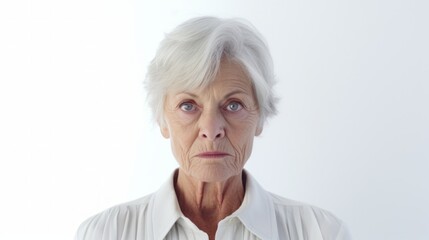 Aufkleber - Generative AI Concerned old woman boss, pensive expression, somber demeanor, introspective stance, white backdrop, contemplation, on white background
