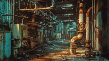 Aufkleber - Generative AI Decaying equipment at Chernobyl, rusted pipes, abandoned technology, eerie lighting, detailed linework, atmospheric scene --ar 16:9 --v 6 Job ID: c5e1b92c-caf0-4b4c-85b3-2e49780c05e0