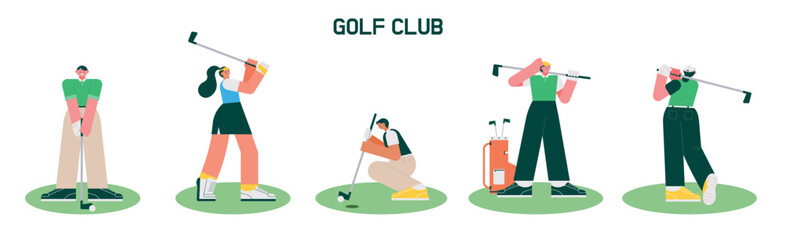 Poster - Characters wearing golf wear and swinging. flat vector illustration.