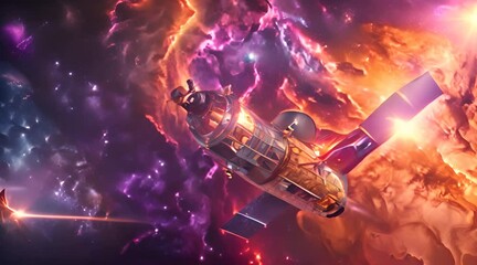 Wall Mural - Spacecraft Orbiting a Colorful Nebula with AI generated.
