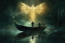 Man On Boat Facing A Legendary Angel In The Dark Forest Hd Wallpaper