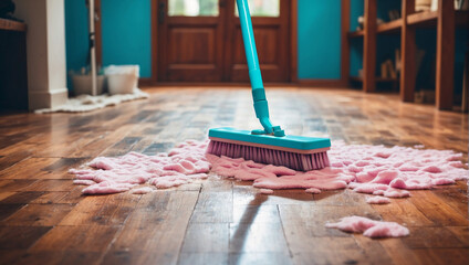 Floor cleaning with mob and cleanser foam Cleaning