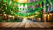 Wooden empty tabletop on blurred city street background with green holiday garlands and St. Patrick's Day flags, Ai Generate 