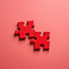 Top view of two jigsaw puzzle pieces with red colour. Concept of  business, solution, teamwork, concept, connection, success, team, game