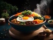 Bibimbap - Korean Mixed Rice with Meat and Assorted Vegetables, cinematic Asian food photography 