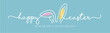 Happy Easter. Easter rabbit ears in the middle of handwritten calligraphy lettering line design on a sea green background