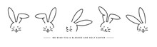 We Wish You A Blessed And Holy Easter. Easter Handwitten Bunny Faces. Doodle Hare Cute Line Design On A White Background