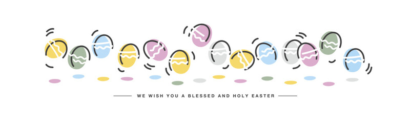 Sticker - We wish you a blessed and holy Easter. Easter handwitten jumping colorful eggs line design on a white background