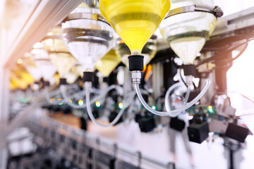 Perfume manufacturing process, conveyor line belt of modern facility bottling aroma oil in clear glass bottles
