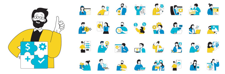 Fototapete - Digital business concept with character situations mega set in flat web design. Bundle of scenes people developing e-business, chatting with clients, make advertising online. Vector illustrations.