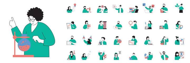 Aufkleber - Science laboratory concept with character situations mega set in flat web design. Bundle of scenes people making chemical or medical tests, doing microscope researches at lab. Vector illustrations.