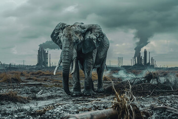 Canvas Print - Elephant lost home and factory industry background