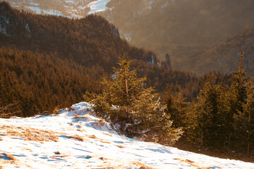 Wall Mural - Beautiful sunrise at winter in Ceahlau Mountains, Romania