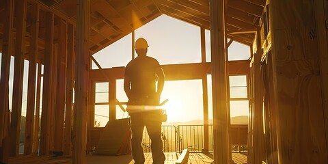 Construction concept with a male carpenter working on the wood beams in a new house construction