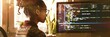© Brian - African American female software developer - coder working on debugging an app or platform with technical data in the background