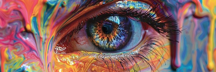 Wall Mural - Closeup of a colorful eye with melting colors - makeup and beauty concept