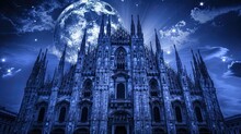 Majestic Gothic Cathedral Under The Moonlight, Its Spires Reaching Towards The Sky, Evoking Mystery And Ancient Beauty