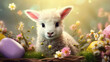 Digital Art Portrait of a Baby Lamb in a Basket with Easter Eggs and Spring Flowers.