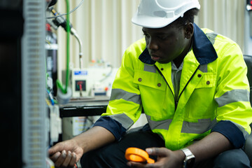 Portrait of a technician working with a digital multimeter to test the electrical system of a huge circuit board at an industrial plant using an automated hand robot.