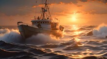 Abstract Animation Of A Fishing Boat At Sunrise. Sail, Captain, Deck, Pirate, Torpedo, Sailor, Ocean, Ship, Anchor, Sea, Travel, Wind, Mast, Helm, Stern. Generated By AI.