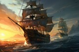 Pirate ships sea battle. Travel wood. Generate Ai