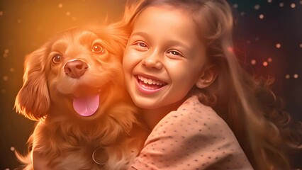 Canvas Print - The photo captures the dog's excitement as he is hugged by a girl wearing summer clothes.