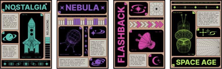 Poster - Retro futuristic aesthetic posters set. Vector illustration of retrowave style banners with wireframe space rocket, satellite, radar, planet globe icons on black background, y2k vibe flyer templates