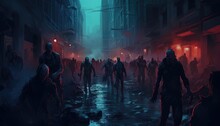 Zombie Crowd Walking At Night,halloween