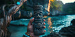 Ancient culture, tradition cult, magic spell purpose concept. Brown wooden totem pole in woman hands with green trees park background. Spirit object ceremony of sacramental beliefs