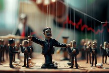 Visualize a puppeteer controlling puppets on a stock board symbolizing the manipulation of markets