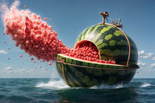 A Large Watermelon Is Being Blown Up With Pink Explosives.
