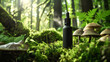 Serenity in a Bottle: Essential Oil Amidst Lush Greenery and Forest Mushrooms. AI Generative.