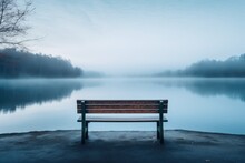 Photograph Of An Empty Bench Overlooking A Calm Lake, Bench On The Lake