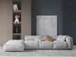 Mock up of an ideal bright living room with a stylish large sofa and a modern stylish background, 3D rendering.