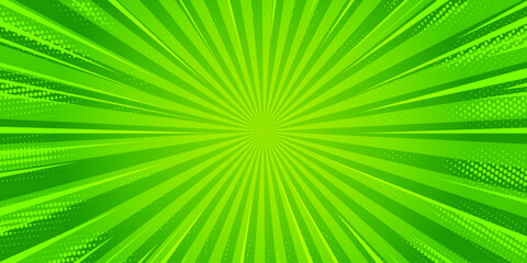 Wall Mural - Starburst cartoon comic background. Pop art pattern with radial rays effect. Vector sun light green wallpaper with halftone. Abstract anime explosion. Vintage manga backdrop