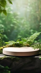 Poster - A round podium made of stone, concrete against the background of Nature for the presentation of Organic Natural cosmetics, Creams, Oils, Face and Body masks, a stage with green leaves.