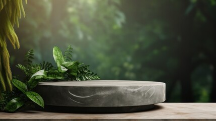 Poster - Grey Stone Podium for the presentation of Organic Natural cosmetics, Creams, Oils, Face and Body masks. The stage, the Layout, the Platform with green leaves from the Copy space.