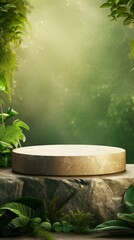 Poster - A stone Podium against the background of Nature for the presentation of Organic Natural cosmetics, Creams, Oils, Face and Body masks. The stage, the Layout, the Platform with green leaves, Copy space.