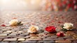 Backdrop: Classic roses on gold leaf paving stones are a timeless concept of beauty and romance, perfect for event decor and floral arrangements