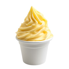 Wall Mural - front view of pineapple ginger sorbet soft serve ice cream in a white gelato cup isolated on a white transparent background