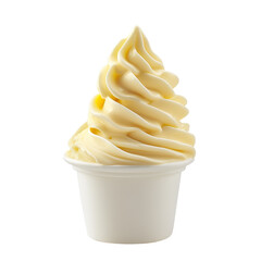 Wall Mural - front view of pineapple coconut soft serve ice cream in a white gelato cup isolated on a white transparent background