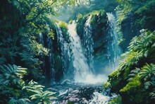 Watercolor Of Majestic Waterfall Cascading Into A Lush Fern Gully Surrounded By Vibrant Greenery Capturing The Powerful And Refreshing Essence Of The Natural World