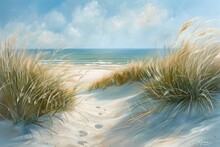 Watercolor Of Coastal Dunes Scene With Grasses Swaying In The Breeze Leading To A Serene Beach And The Vast Ocean Beyond Epitomizing Coastal Tranquility