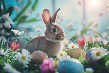 Inquisitive bunny surrounded by a bloom of spring flowers and colorful Easter eggs in radiant sunlight.