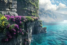 Watercolor Of Dramatic Cliffs Adorned With Hanging Gardens Overlooking The Ocean Capturing The Raw Beauty Of Nature Where Land Meets Sea