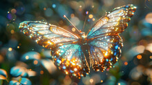 A Close-up, Realistic Portrait Of A Butterfly With Iridescent Wings, Capturing The Mesmerizing Play Of Light And Color