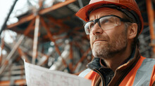 A close-up, realistic portrait of a civil engineer reviewing blueprints at a construction site, with the framework of an emerging infrastructure project in the background