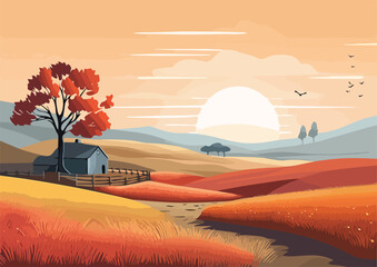 Autumn rural landscape with fields and trees Vector illustration in flat style